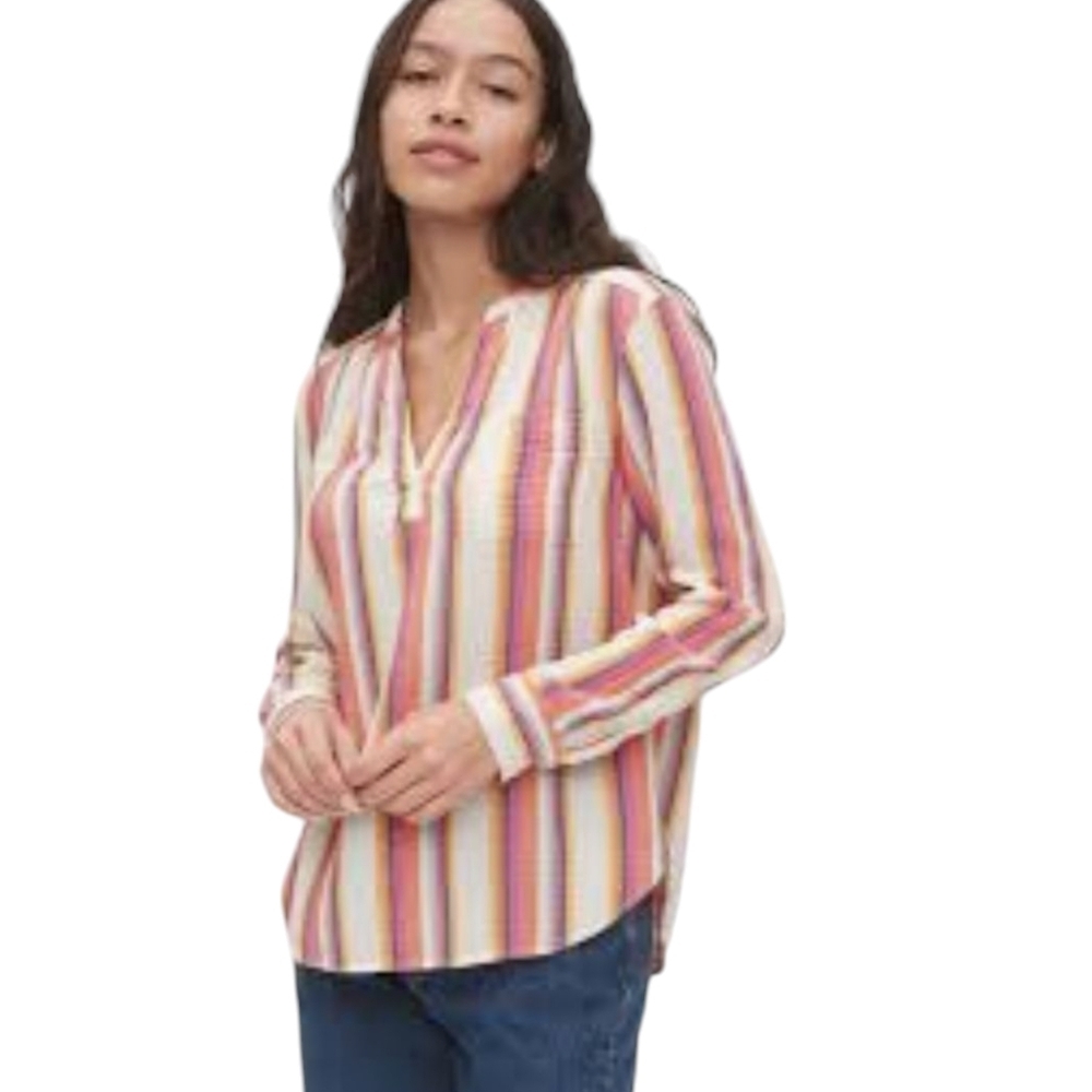 GAP Popover Shirt Multicolor Stripe Gauze Long Sleeve VNeck Relaxed Beach Top XL - Picture 2 of 8